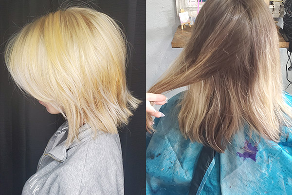 Girl showing before and after blonde hair coloring