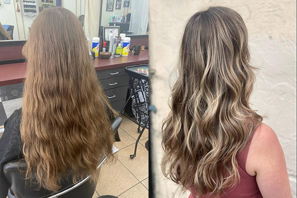 Girl showing before and after Long blonde hair coloring