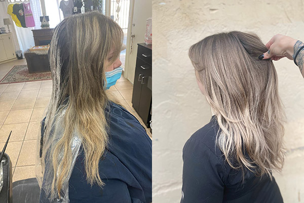 Girl showing before and after Long blonde hair restoring