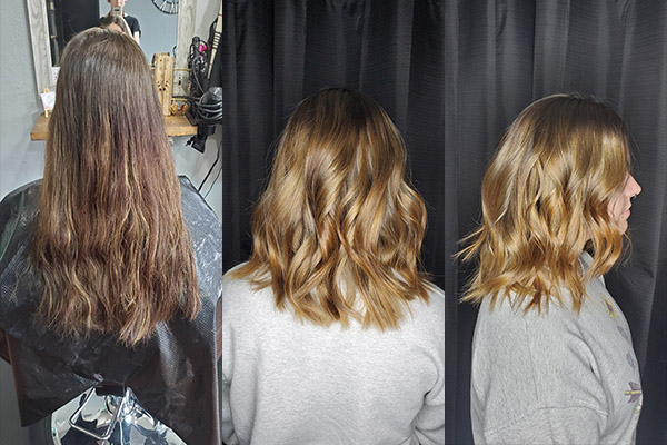 Girl showing before and after blonde hair coloring