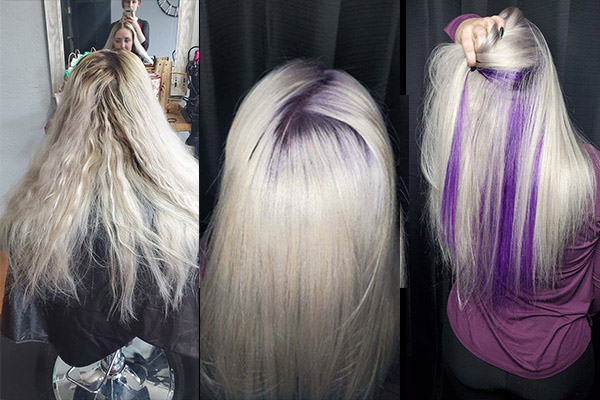 Girl showing before and after blonde hair coloring with purple under color