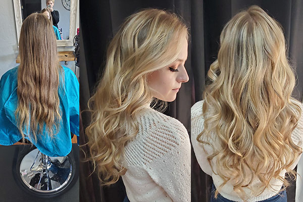 Girl showing before and after blonde hair coloring