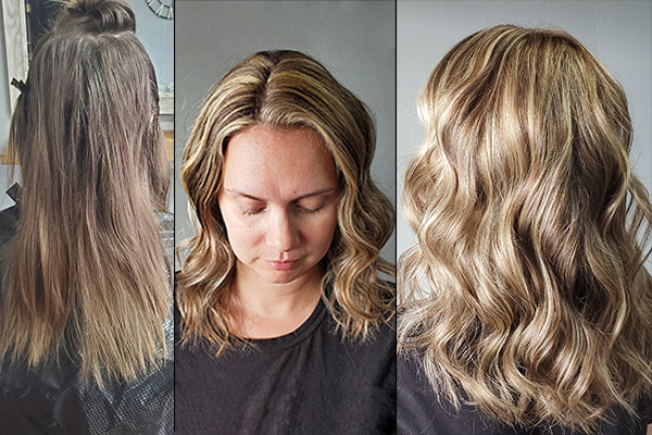 Girl showing before and after blonde hair coloring