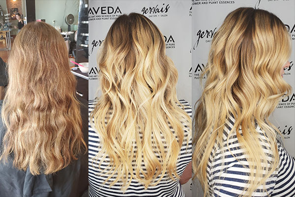 Girl showing before and after blonde hair coloring