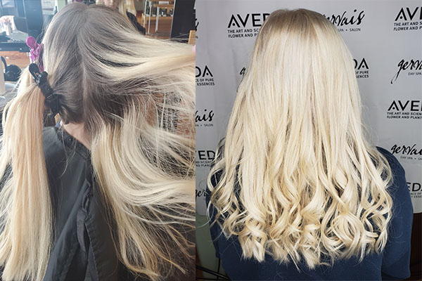 Girl showing before and after blonde hair coloring