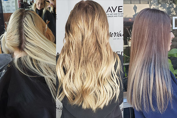 Girl before and after blonde to brunette color