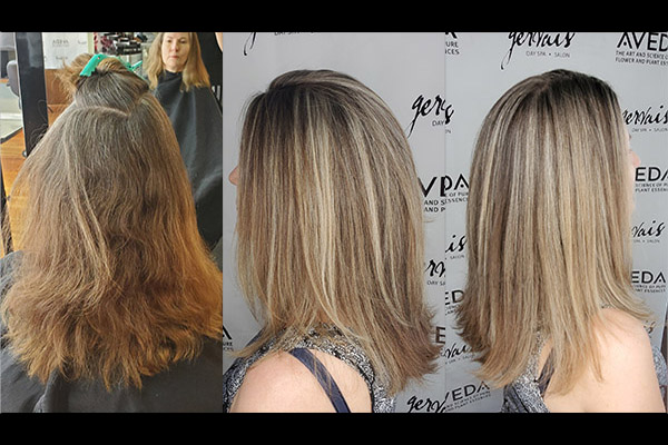 Long hair lady before and after having her grey hair blended