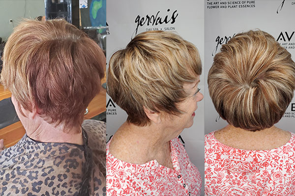 Short hair lady before and after having her grey hair blended