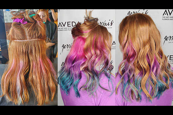 Girl standing in front of Aveda wall before and after having Rainbow color treatment