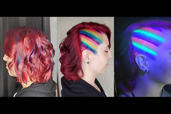 Trendy multi color swatches on girl with intence red hair color