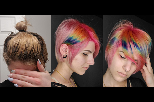 Mary Keeling self Rainbow color aplication on her latest hair cut