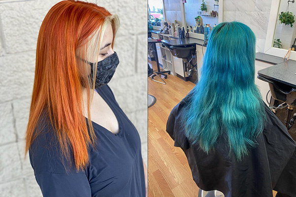 Girl having her colored hair changed to blue using Pulp Riot