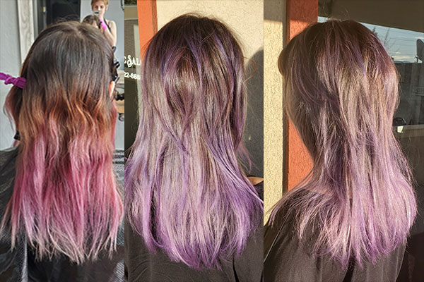 Girl getting her long hair cut and styled