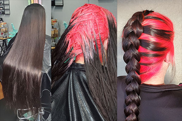 Brown hair Girl getting her long hair cut and styled and colored red with Pulp Riot