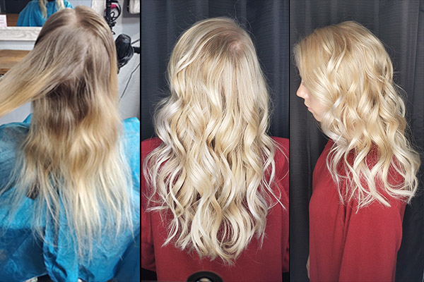 Girl getting her long hair cut, lightened and styled