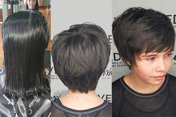 Girl with long black hair getting a pixie cut at the Aveda salon