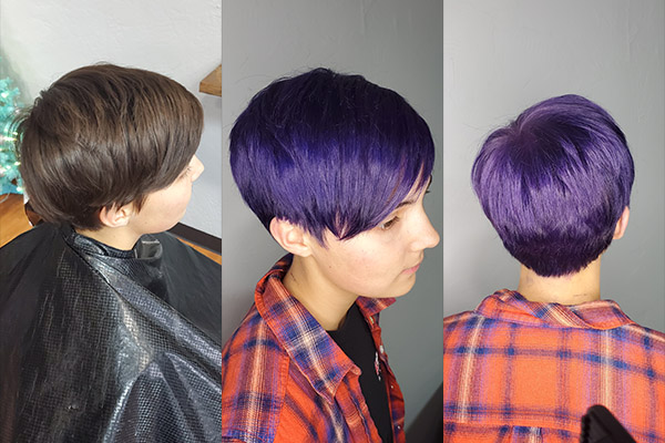 Girl getting Pixie cut and intence Pulp Riot purcle color aplication