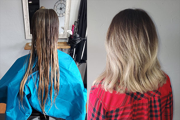 Girl getting her very long hair Shortened