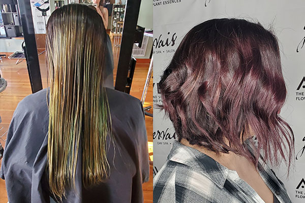 Girl getting her hair Shortened and colored in Aveda salon